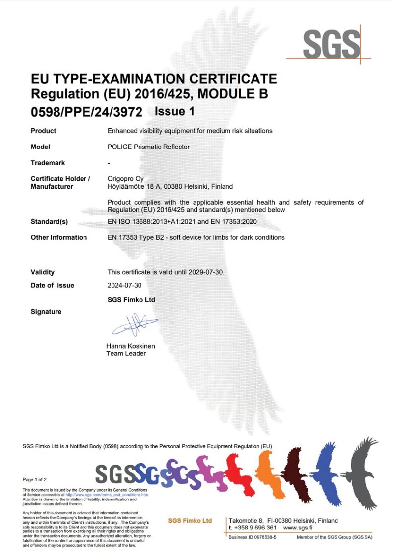 Police Prismatic Reflector EU type Certificate