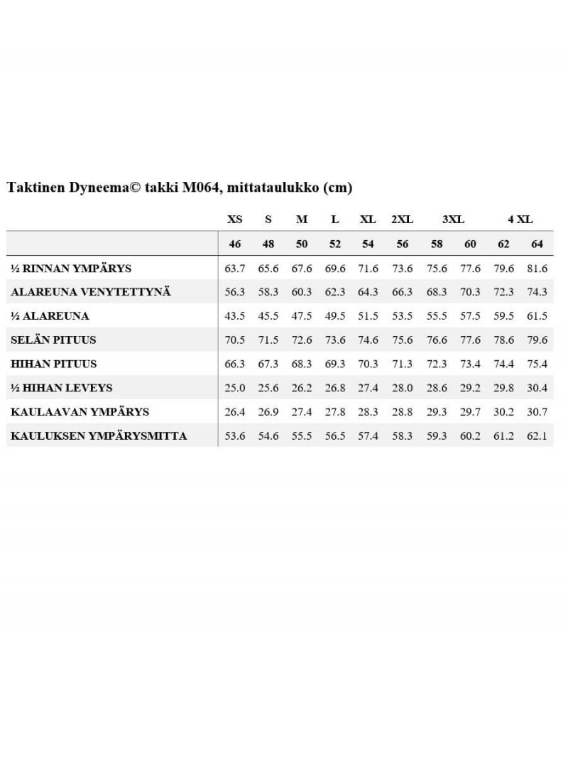 taktinen dyneema takki mittataulukko