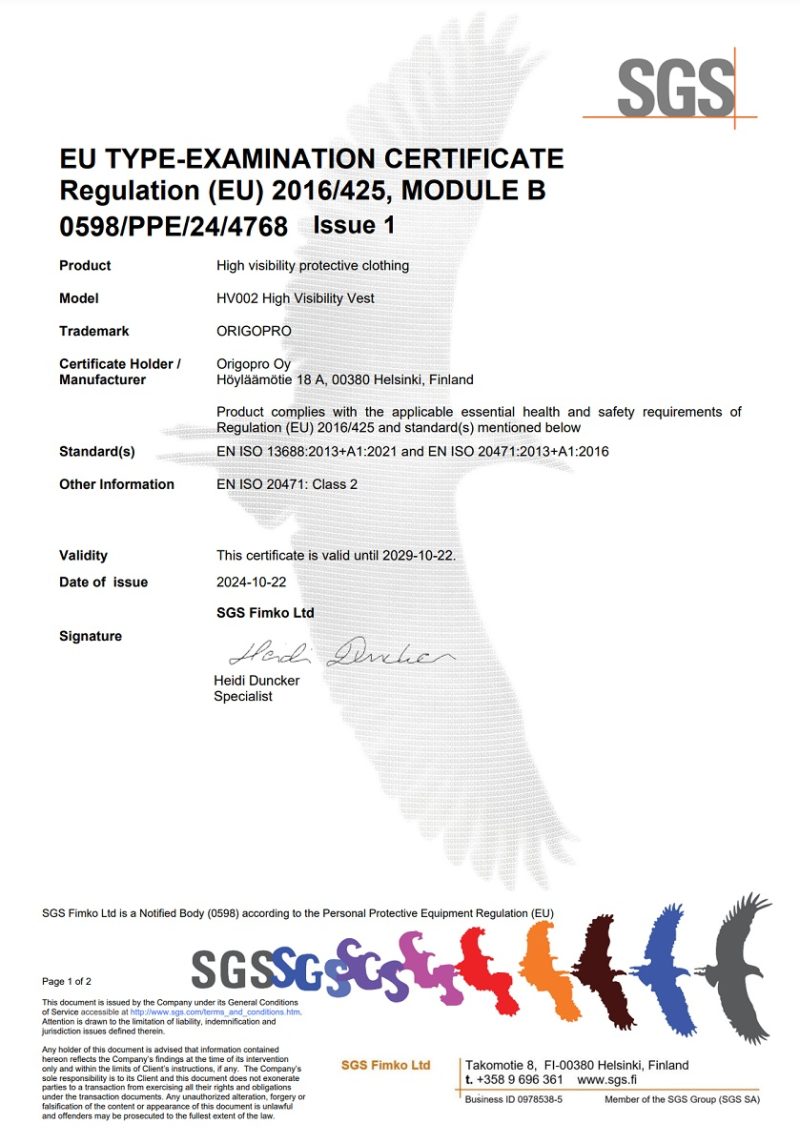 EU certificate HiVis liivi HV003